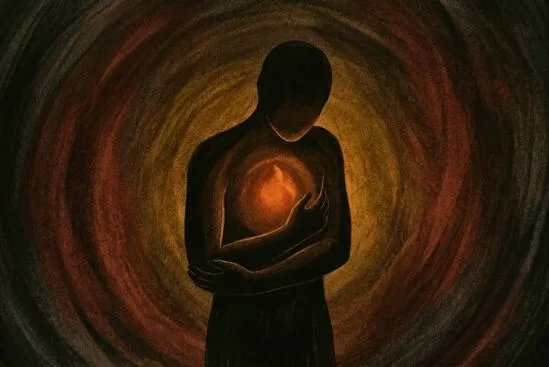Ilustração de silhueta humana com brasa interna contida no centro do tórax sobre fundo escuro denso, representando a escuta dos sinais sutis do corpo nos limites na terapia tântrica.
