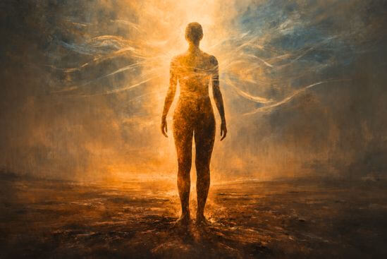 Ilustração de silhueta humana com presença e peso nos pés e leveza no tórax, evocando as emoções depois da terapia tântrica quando vem expansão que precisa de aterramento no corpo.