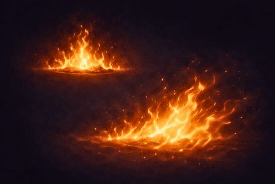 Ilustração com dois campos de luz âmbar opostos — um contido com bordas definidas que aquecem sem extravasar, outro se expandindo sem limite até se dissolver — evocando a diferença entre intensidade que nutre e a energia drenante que consome o ambiente ao redor.