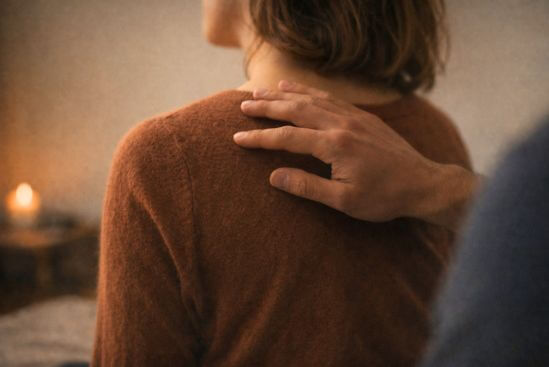 Fotografia de mão tocando as costas com escuta, unindo tantra e sexualidade ao corpo real.