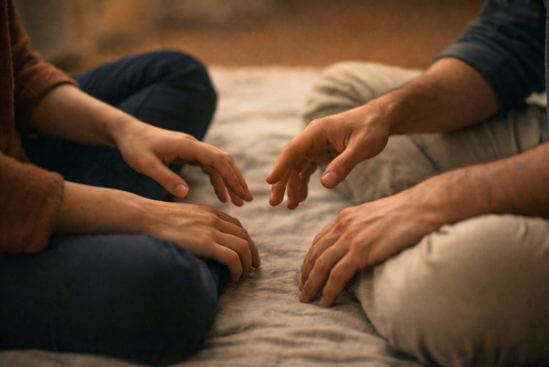 Fotografia de mãos prestes a se tocar, distante da ideia performática de sexo tântrico.