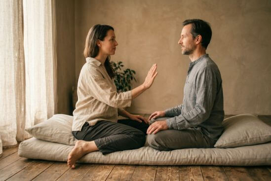 Fotografia de pausa consentida entre duas pessoas, reforçando presença na sexualidade no encontro real.