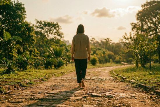 Fotografia de silhueta de costas caminhando por caminho simples com pedras irregulares e vegetação comum, em luz dourada lateral, representando o percurso íntegro de quem escolhe viver a diferença entre sexualidade tântrica e sexo tântrico com presença e verdade.