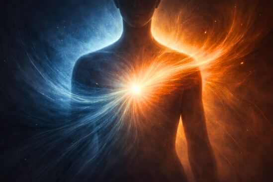 Ilustração de duas forças se encontrando no peito, evocando tantra e sexualidade integrados.