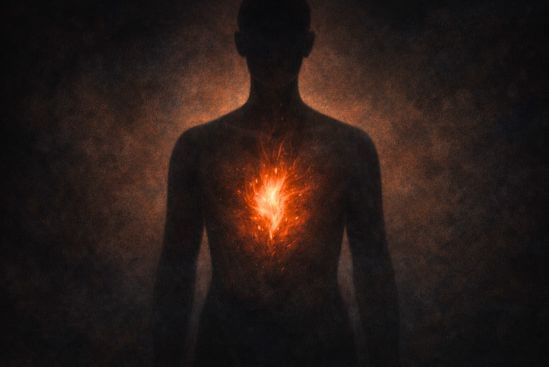 Ilustração simbólica de silhueta humana com calor interno contido na região central do corpo sobre fundo escuro e profundo, representando a energia sexual no tantra como força vital que se move no corpo sem nome imediato.