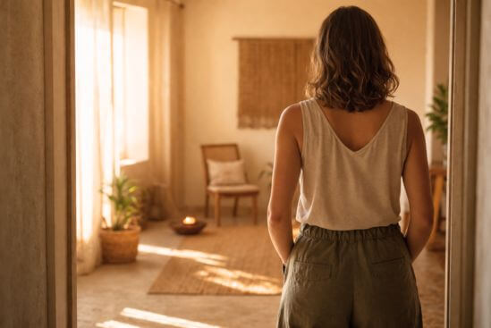 Pessoa vista de costas com ombros relaxados em espaço interno acolhedor com luz quente, evocando a chegada com presença e respeito ao próprio ritmo no que esperar da primeira sessão de terapia tântrica.