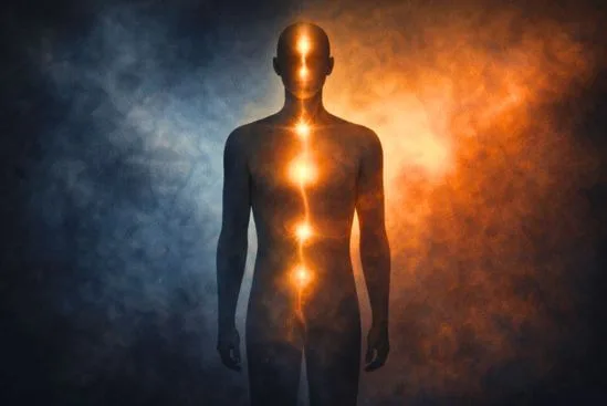 Ilustração de corpo com centros internos discretos, relacionada a corpo energético e chakras.