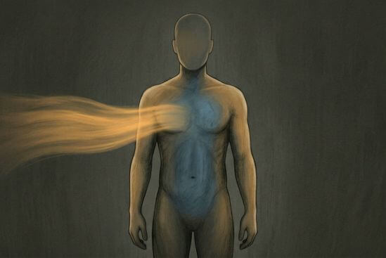 Ilustração simbólica de figura humana com fluxo de calor saindo do centro do peito sem retornar, enquanto o interior permanece frio e menos habitado, representando o limite em relações desequilibradas e o cuidado exercido às custas do próprio centro.