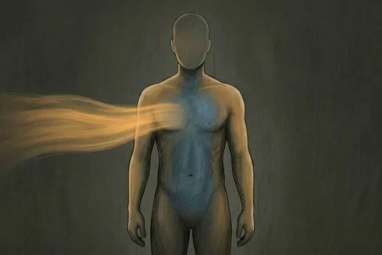 Ilustração simbólica de figura humana com fluxo de calor saindo do centro do peito sem retornar, enquanto o interior permanece frio e menos habitado, representando o limite em relações desequilibradas e o cuidado exercido às custas do próprio centro.