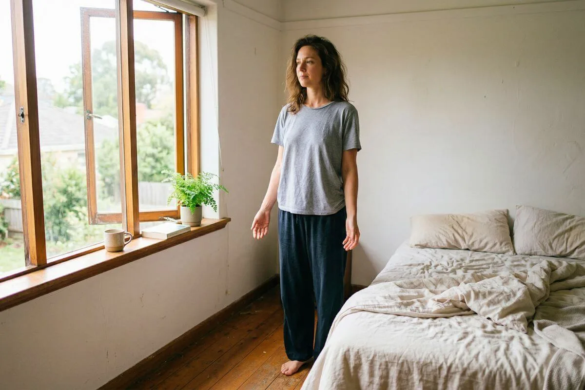 Pessoa de pé entre a cama e a janela, pés no chão; tantra além da sexualidade como presença cotidiana.