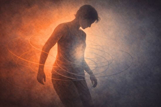 Ilustração de figura em desaceleração com linhas orgânicas se voltando para o centro do corpo, traduzindo a transição interna entre as fases da Meditação Kundalini do Osho e seus benefícios.
