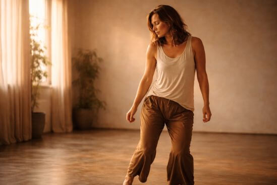 Pessoa começando a se mover com olhos fechados, sugerindo uma meditação com dança.
