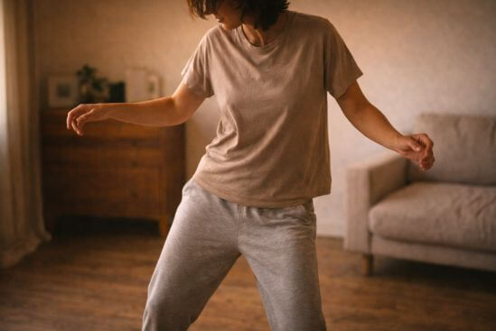 Pessoa adulta em movimento espontâneo com quadril deslocado e braços soltos em espaço simples com luz natural quente, mostrando como destravar a criatividade pelo corpo sem coreografia ou meta de desempenho.