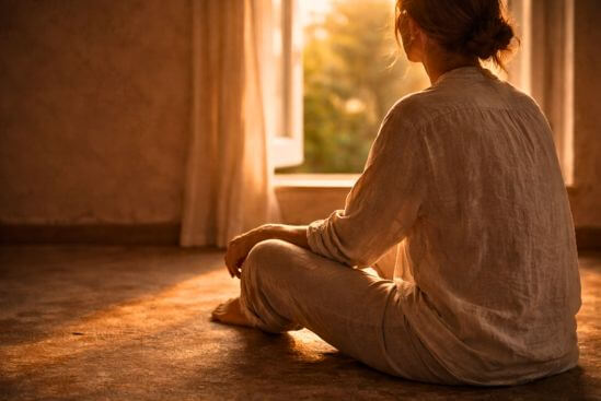 Fotografia de pessoa sentada de costas com ombros soltos e mãos em repouso, em ambiente simples com luz quente de fim de tarde, representando o retorno ao corpo como lar e o fim da vergonha do corpo como estado permanente.
