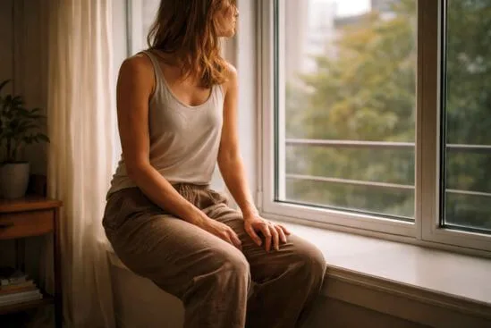 Fotografia de pessoa sentada junto a uma janela com luz natural lateral, mãos em repouso e postura de quietude ativa, representando o retorno ao eixo interno como experiência do corpo energético vivida no cotidiano.