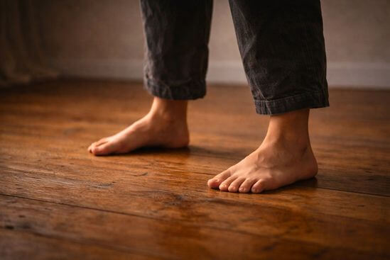 Pés descalços com joelhos soltos apoiados em chão de madeira simples, evocando o início das 4 fases da Meditação Kundalini do Osho — o tremor como soltura do corpo.