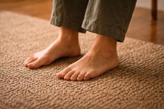 Pés descalços pousados sobre chão de madeira com textura visível e luz lateral suave, evocando presença e aterramento como parte do o que saber antes da primeira sessão de terapia tântrica.
