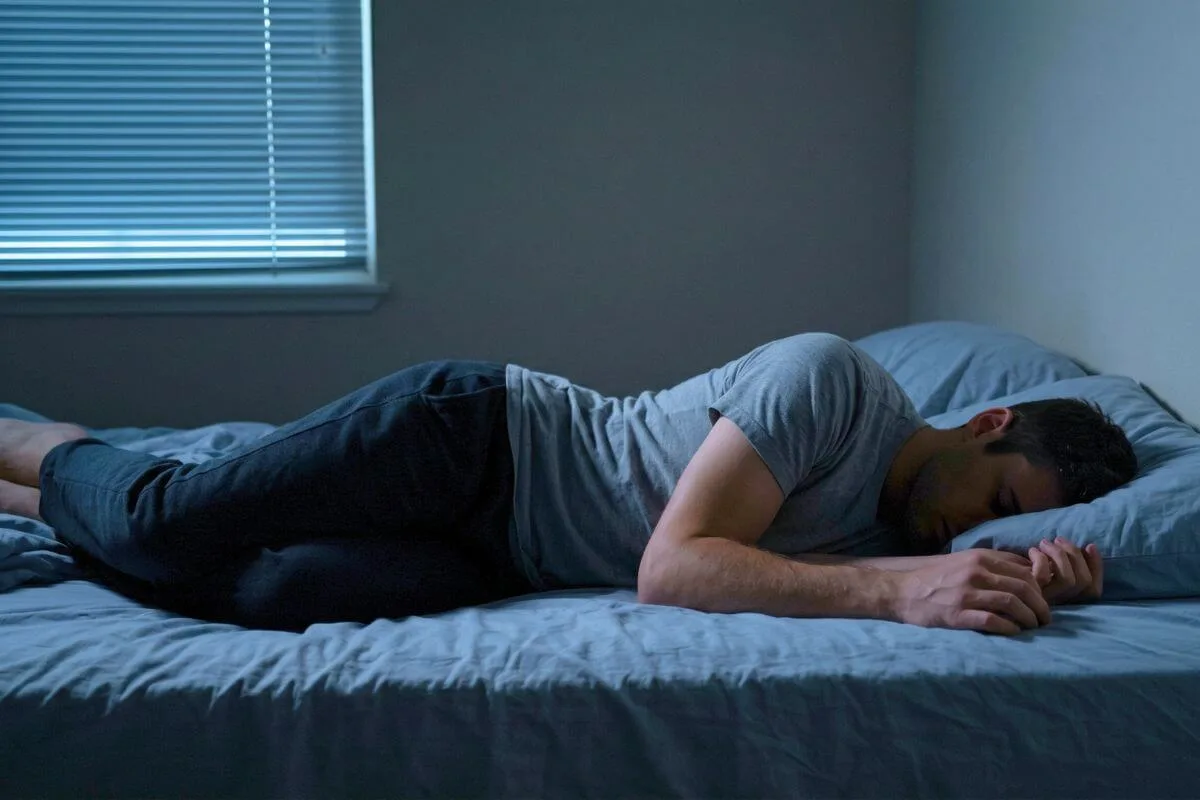 Pessoa deitada de lado com ombros elevados e dedos semifechados em quarto escuro com fresta de luz fria, representando como lidar com a mente acelerada que não permite ao corpo descansar de verdade.