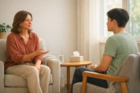 Duas pessoas conversando com calma em sala de atendimento, ilustrando o que saber antes da primeira sessão de terapia tântrica.