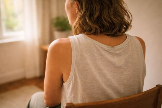 Ombros e nuca de pessoa sentada com tensão muscular contida e luz natural lateral, ilustrando o frio na barriga e a antecipação do corpo na primeira vez na terapia tântrica.