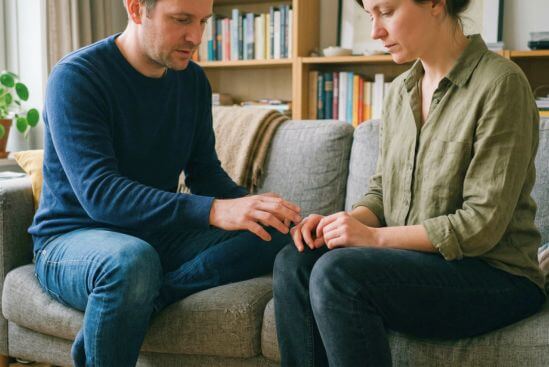 Duas pessoas vestidas, mãos quase se tocando, mostram culpa religiosa e sexualidade com hesitação.